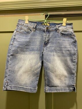 Suzanne Betro Blue Denim Shorts with Gold & Navy Stitching